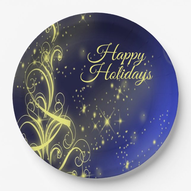 Christmas Tree Party Gold Stars Navy Blue Holidays Paper Plate (Front)