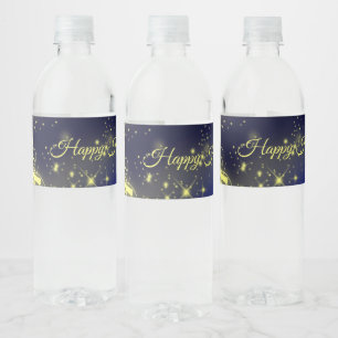 Christmas Tree Party Gold Stars Navy Blue Holidays Water Bottle Label