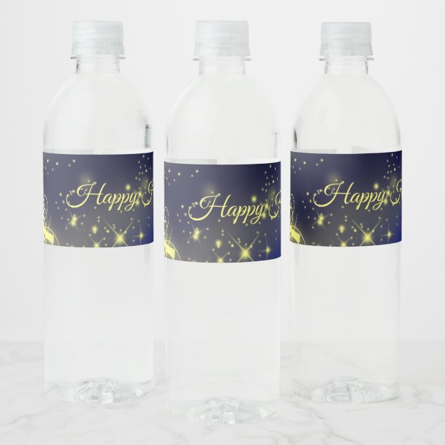 Christmas Tree Party Gold Stars Navy Blue Holidays Water Bottle Label (Bottles)