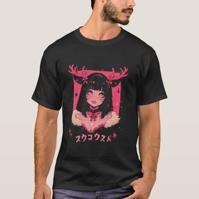 Christmas Tree Pastel Anime Girl Waifu sweet Holid T-Shirt (Front)
