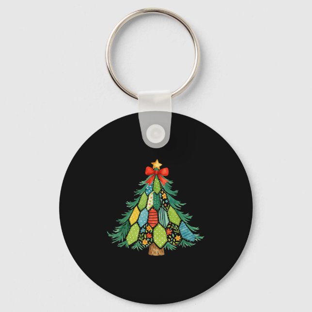 Christmas Tree Patchwork Coquette Bow Xmas Holiday Key Ring (Front)