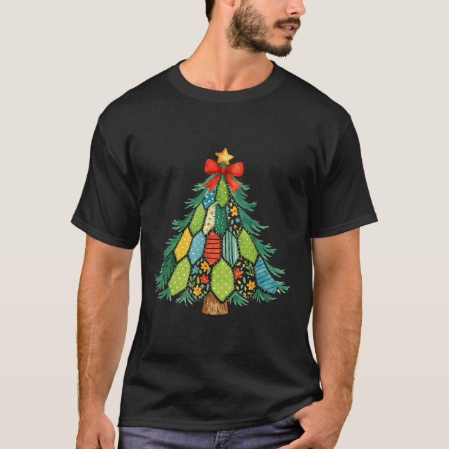 Christmas Tree Patchwork Coquette Bow Xmas Holiday T-Shirt (Front)