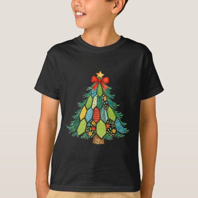 Christmas Tree Patchwork Coquette Bow Xmas Holiday T-Shirt (Front)