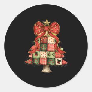 Christmas Tree Patchwork Coquette Bow Xmas Pajamas Classic Round Sticker