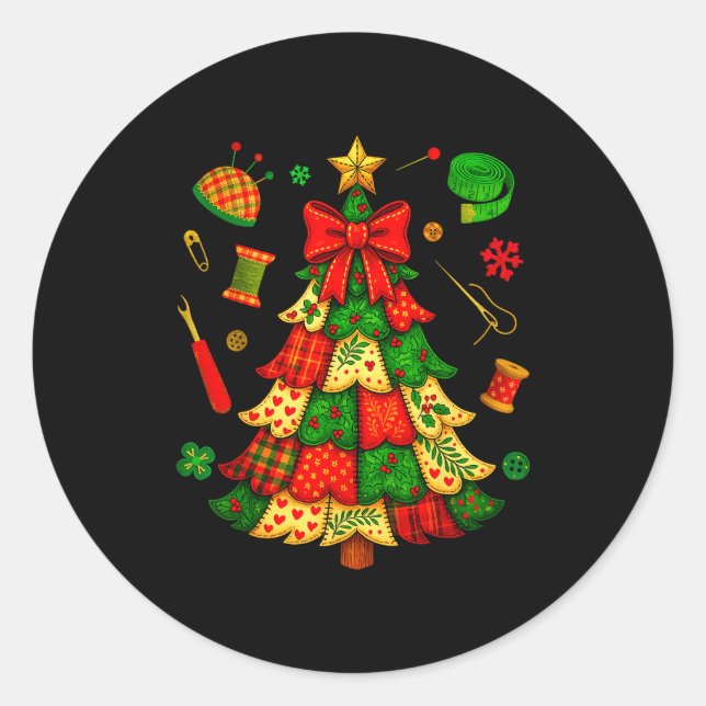 Christmas Tree Patchwork Quilting Quilter Sewing L Classic Round Sticker (Front)