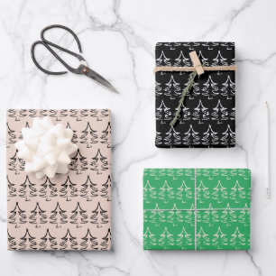 Christmas Tree Pattern Black And White Blush Green Wrapping Paper Sheet