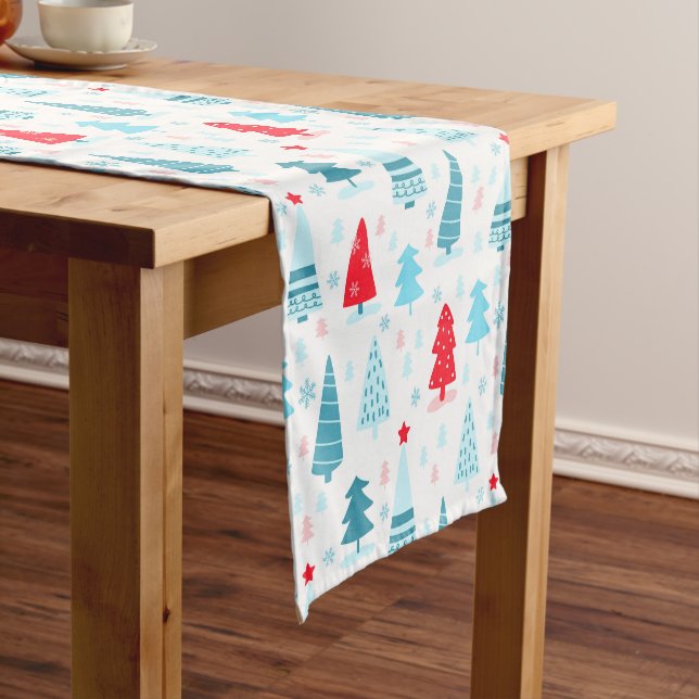 Christmas Tree Pattern Blue Red White Nordic Short Table Runner (In Situ)