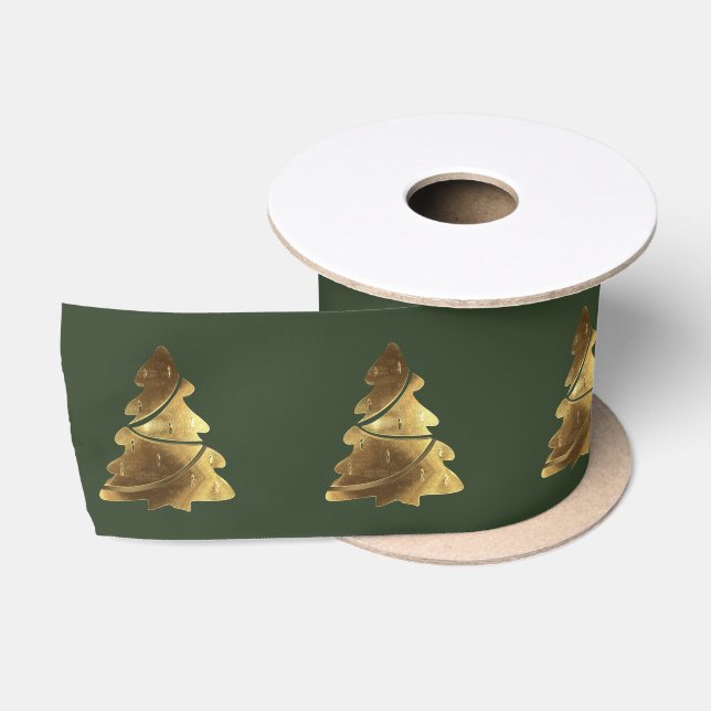 Christmas Tree Pattern Elegant Hunter Green Gold Satin Ribbon (Spool)