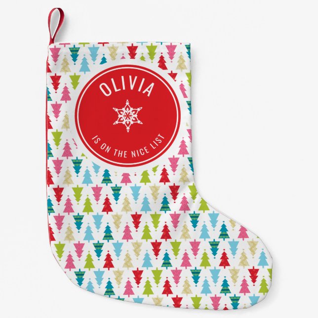 CHRISTMAS TREE PATTERN festive modern minimal red Small Christmas Stocking (Front)