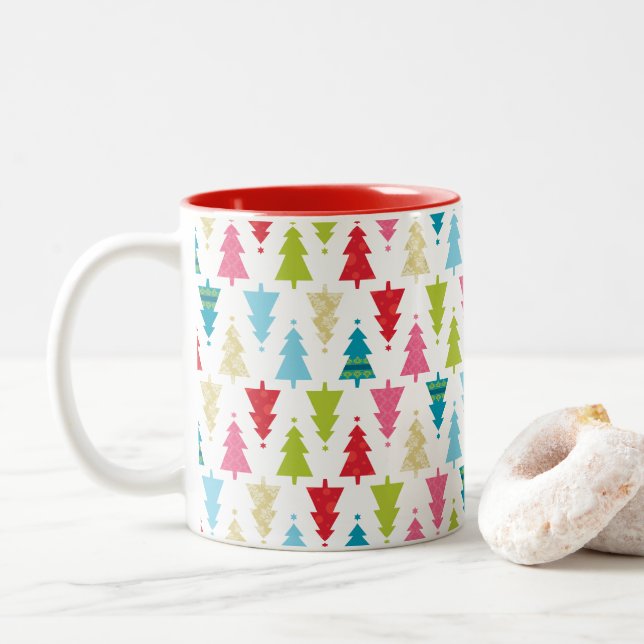 CHRISTMAS TREE PATTERN festive modern minimal Two-Tone Coffee Mug (With Donut)