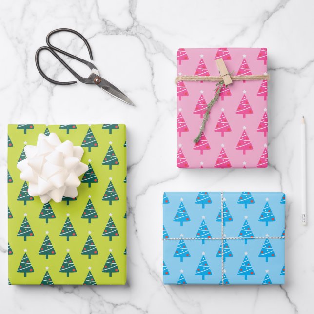 Christmas Tree Pattern Green Pink Blue Fun Stylish Wrapping Paper Sheet (Front)