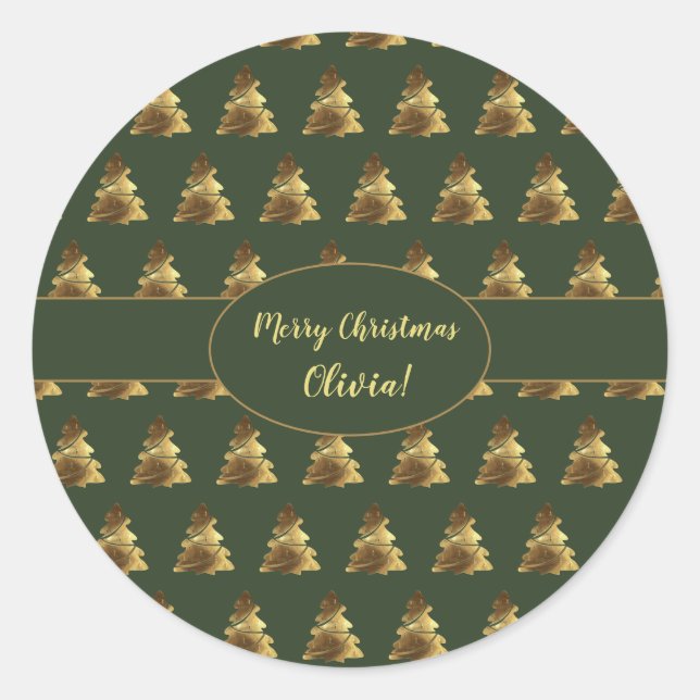 Christmas Tree Pattern Hunter Green Gold Elegant Classic Round Sticker (Front)