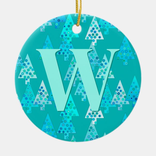 Christmas Tree Pattern in Aqua Personalised  Ceramic Tree Decoration (Front)