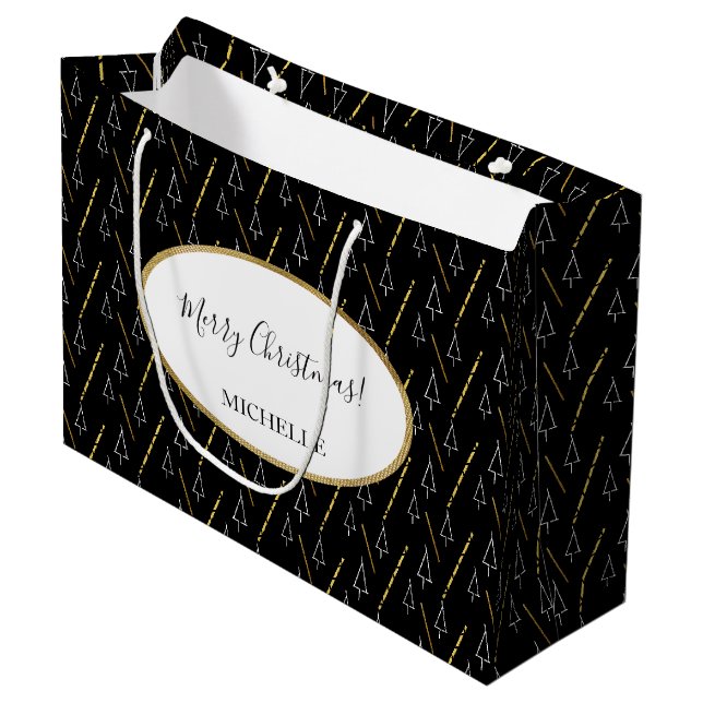Christmas Tree Pattern In Black, White and Gold Large Gift Bag (Front Angled)