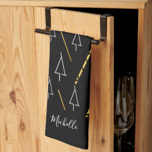 Christmas Tree Pattern In Black, White and Gold Tea Towel