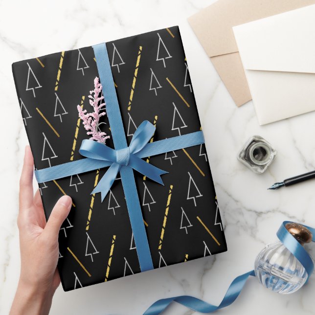Christmas Tree Pattern In Black, White and Gold Wrapping Paper (Gifting)