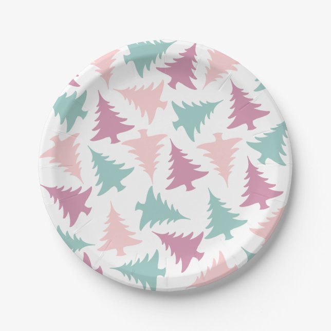 Christmas tree pattern pastel pink purple green paper plate (Front)