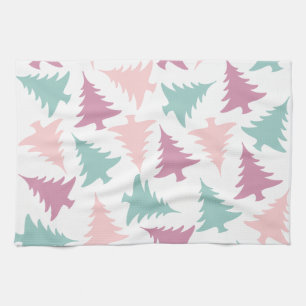 Christmas tree pattern pastel pink purple green tea towel