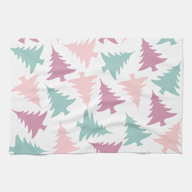 Christmas tree pattern pastel pink purple green tea towel (Horizontal)
