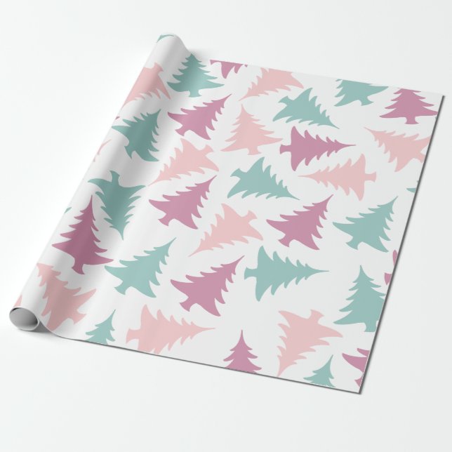 Christmas tree pattern pastel pink purple green wrapping paper (Unrolled)