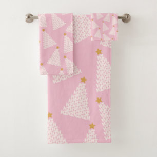 Christmas Tree Pattern Pink Bath Towel Set