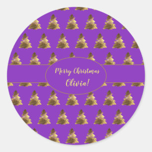 Christmas Tree Pattern Purple Violet Gold Elegant Classic Round Sticker