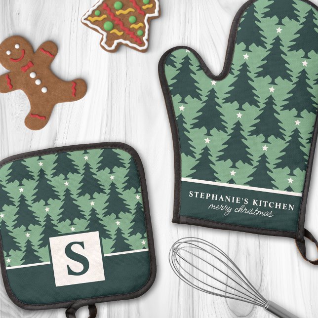 Christmas Tree Pattern Sage Green Monogrammed Oven Mitt & Pot Holder Set (Creator Uploaded)