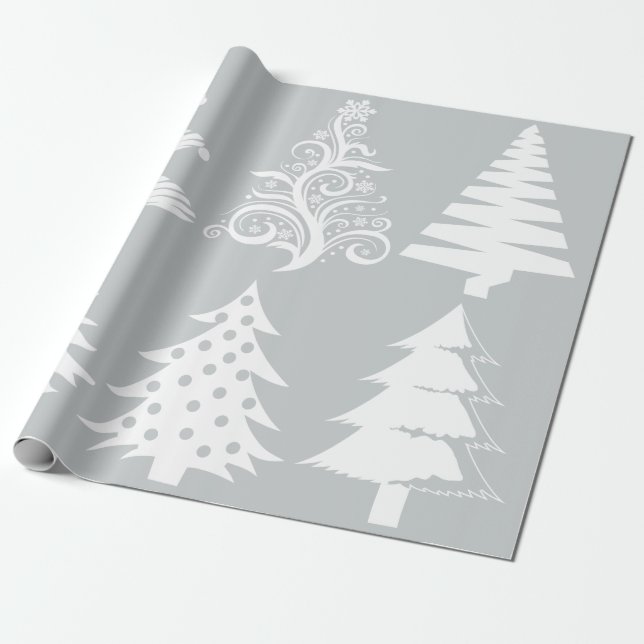 Christmas tree pattern silver white wrapping paper (Unrolled)