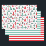 Christmas Tree Pattern & Stripes | Cute Modern Wrapping Paper Sheet<br><div class="desc">Wrap your holiday gifts in cheerful style with this cute Christmas wrapping paper sheet set. The festive design features a playful pattern of trees, ornaments, snowflakes, and presents in pink, red, and teal, paired with coordinating striped sheets for a fun mix-and-match look. Perfect for Christmas presents, stocking stuffers, and holiday...</div>