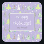 Christmas Tree Pattern Violet and Lime ID175 Square Sticker<br><div class="desc">This sticker design features an offset pattern of Christmas trees in different styles and modern colours of violet,  lime green and white. A template is provided to add your own name,  holiday greeting or other text. Search ID175 to see other products with this design.</div>