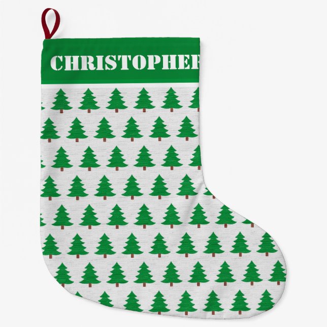 Christmas Tree Pattern with Custom Name Large Christmas Stocking (Front)