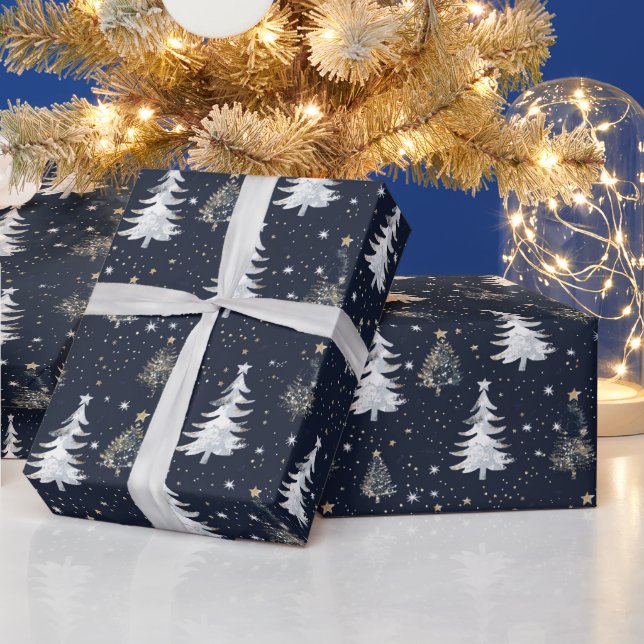 Christmas Tree Pattern With Gold And Silver Stars Wrapping Paper (Holidays)