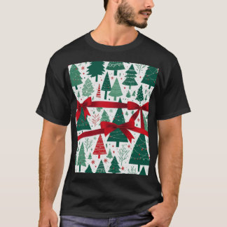 Christmas Tree Pattern with Red Ribbon T-Shirt
