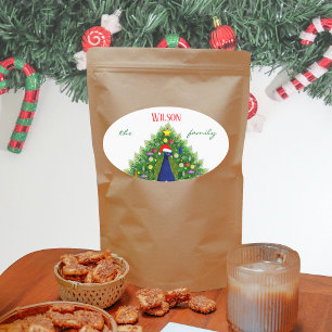 Christmas Tree Peacock Family Name Oval Sticker