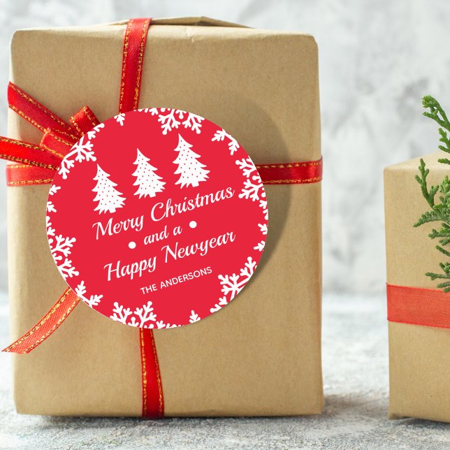 Christmas Tree Personalised Merry Christmas Red Classic Round Sticker (Creator Uploaded)