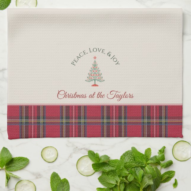 Christmas Tree Personalised Name Red Christmas Tea Towel (Folded)