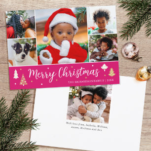 Christmas Tree Photo Collage Pink Editable Flat Holiday Card