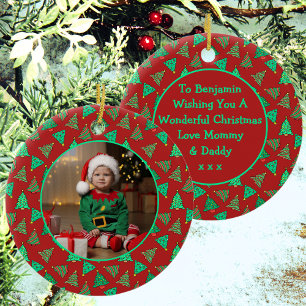Christmas Tree Photo Red And Green Kids Ceramic Tree Decoration