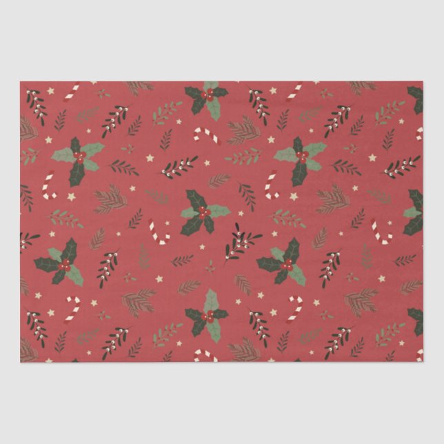 Christmas Tree Pine Branch Holly Berry Mistletoe Tissue Paper (Front)