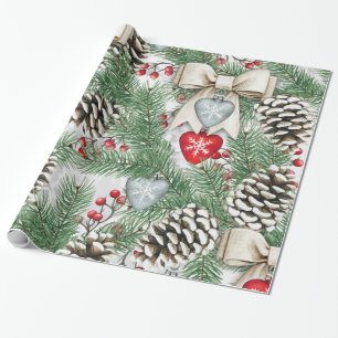 Christmas Tree Pine Cone and Craft Hearts Snow Wrapping Paper