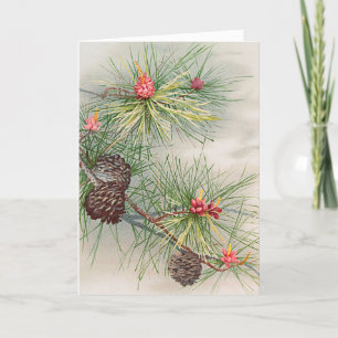 Christmas Tree Pines and Flower Painting Holiday Card