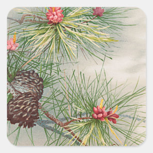 Christmas Tree Pines and Flower Painting Holiday Square Sticker