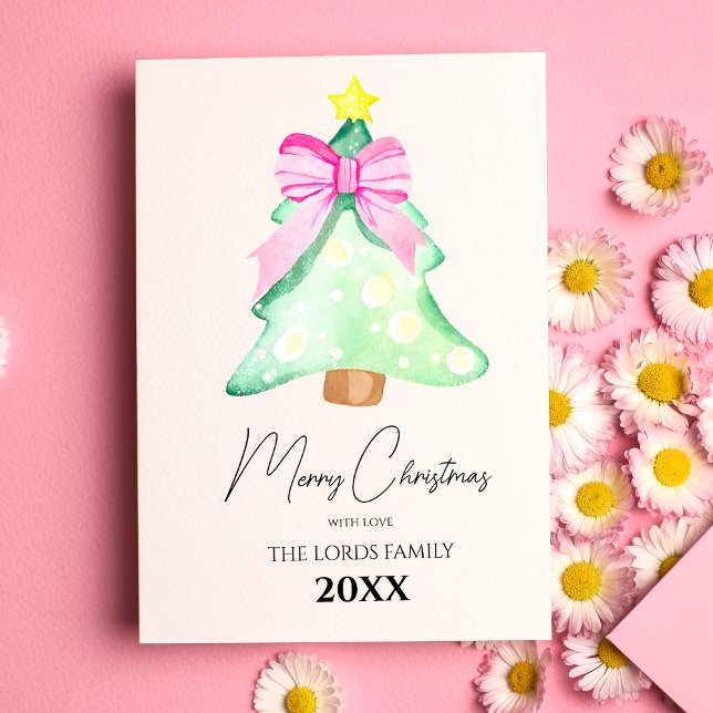 Christmas Tree Pink Bow Holiday Greeting Card (Front)