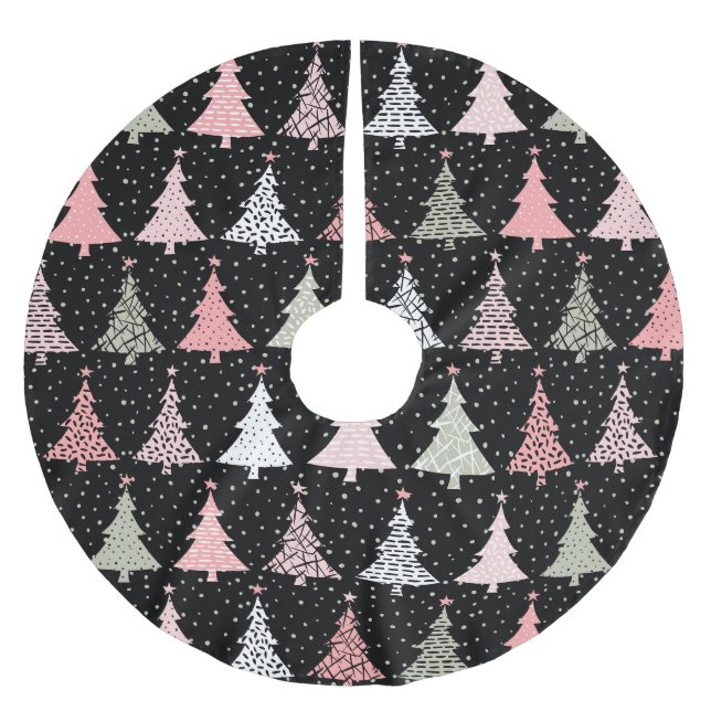 Christmas Tree Pink & Green with Black Background Brushed Polyester Tree Skirt (Front)