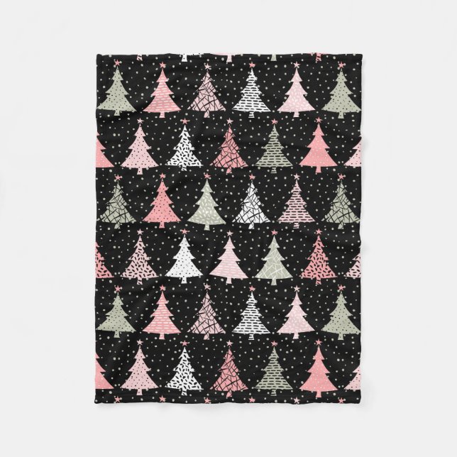 Christmas Tree Pink & Green with Black Background Fleece Blanket (Front)