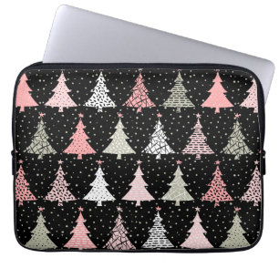 Christmas Tree Pink & Green with Black Background Laptop Sleeve