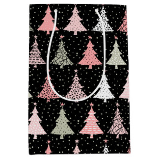 Christmas Tree Pink & Green with Black Background Medium Gift Bag