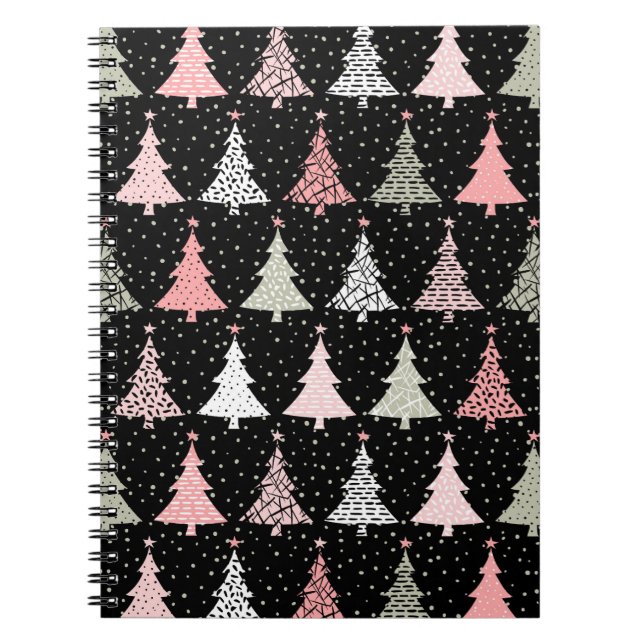 Christmas Tree Pink & Green with Black Background Notebook (Front)