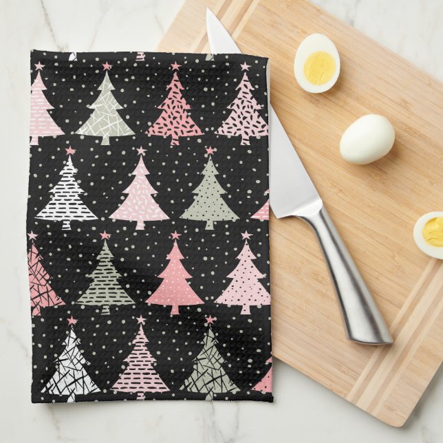 Christmas Tree Pink & Green with Black Background Tea Towel (Quarter Fold)