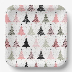 Christmas Tree Pink & Green with White Background Paper Plate